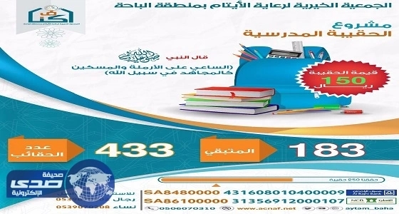 جمعية " أكناف " بالباحة تطلق مشروع الحقيبة المدرسية لـ 433 يتيماً