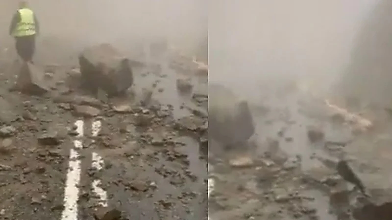 بالفيديو.. انهيار صخور ضخمة في "عقبة حزنة" بالباحة بسبب الأمطار الغزيرة