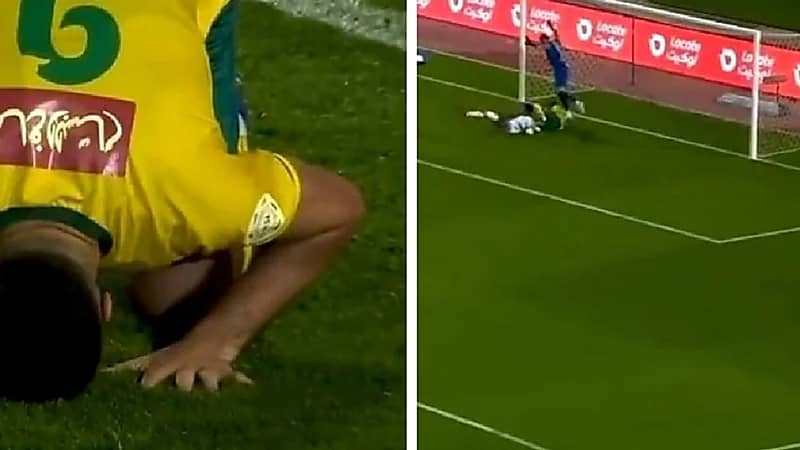 مهاجم الخليج يسجد شكر لله بعد ضياعه هدف محقق .. فيديو