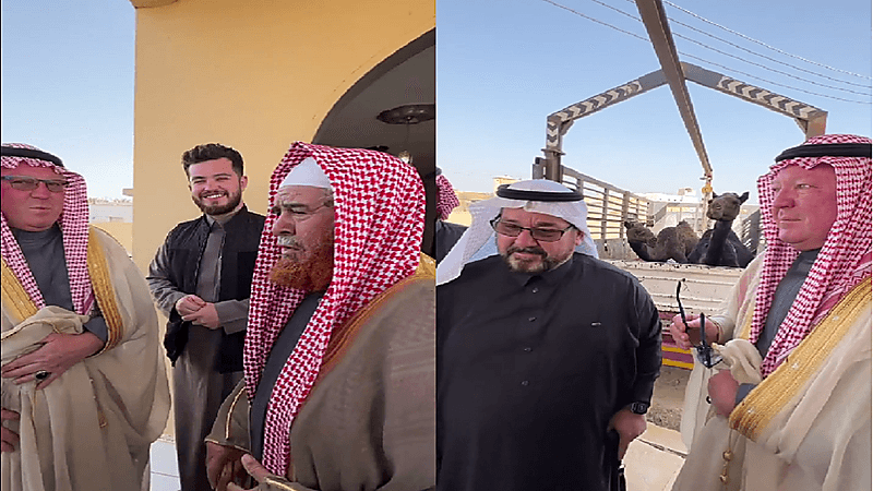 شاهد.. مواطن يفاجئ رجل أعمال أمريكي ووالده ويهديهما ناقتين 