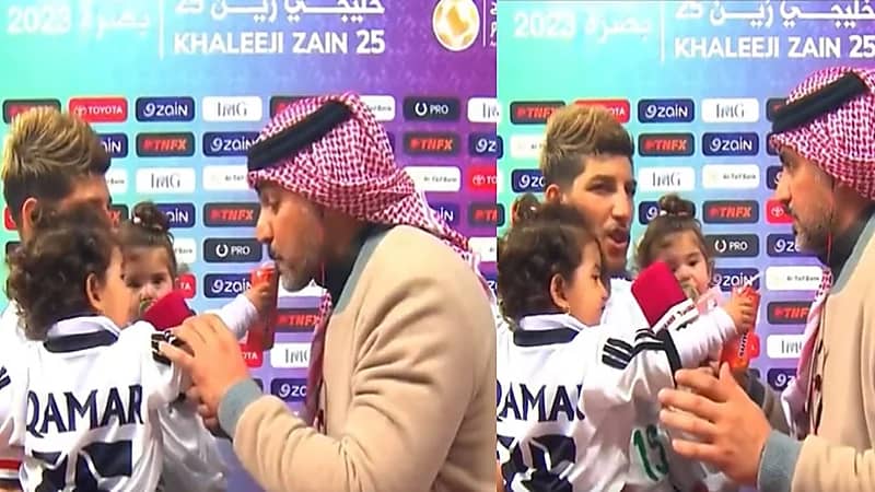 فيديو .. ابنة لاعب منتخب العراق تجبر المراسل لمشاركته بمشروبها