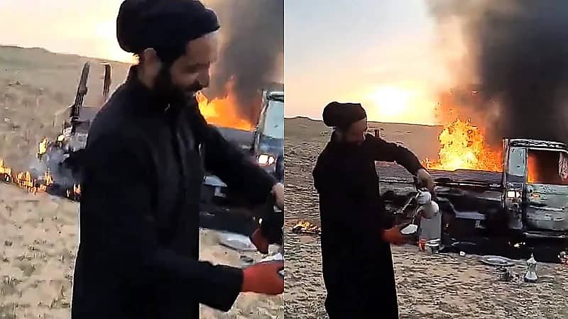 رجل من حائل يقدم القهوة لضيوفه رغم احتراق سيارته .. فيديو