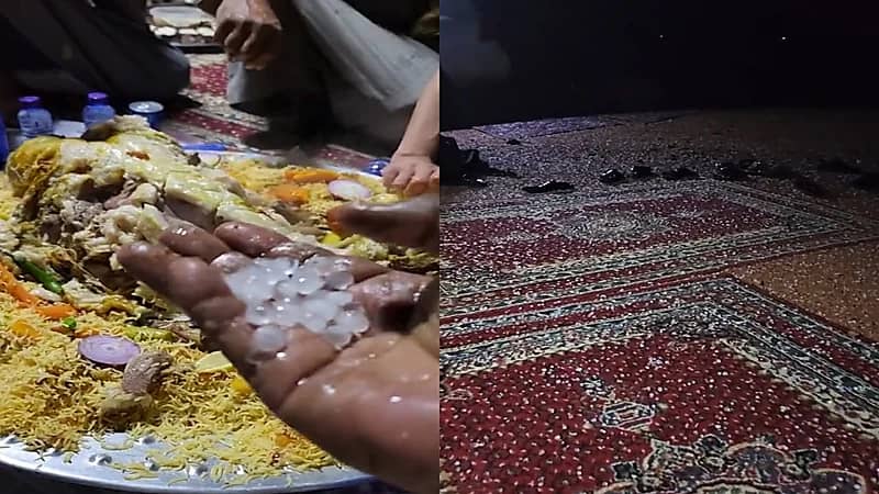 بالفيديو.. سقوط البرد على مجموعة مواطنين أثناء تناولهم العشاء في حائل