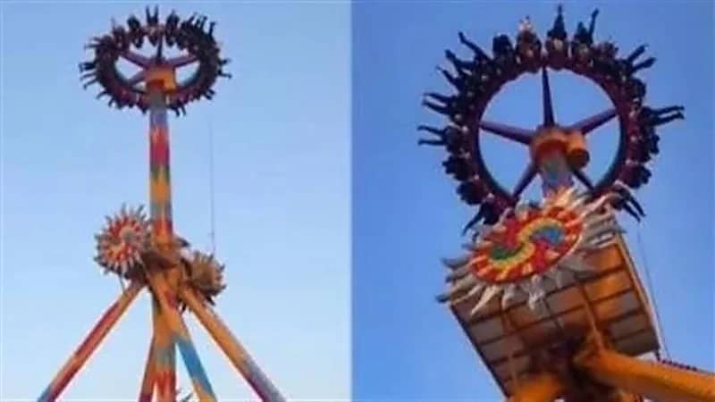 شاهد.. لحظات مرعبة عاشها ركاب تعطلت بهم لعبة الديسكفري في الهواء