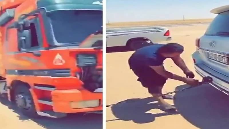 شاهد.. لحظة سحب مركبة "جيب" لأخرى "تريلا" محملة بسيارات بعد تعطلها المفاجئ 