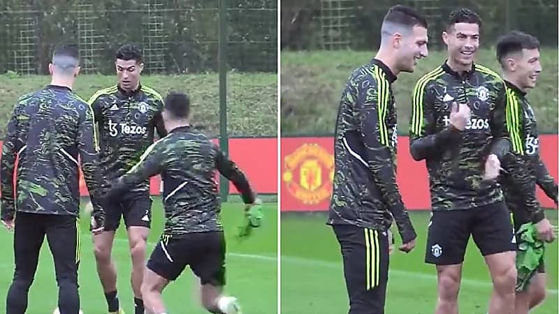 شاهد .. رونالدو يراوغ مارتينيز بالكرة ويحرجه أمام زملائه