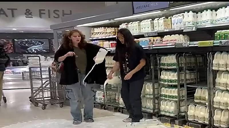 شاهد .. نشطاء البيئة البريطانيين يسكبون الحليب على الأرض داخل متجر كبير في لندن