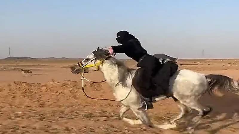 فتاة تستعرض مهارتها في ركوب الخيل بسرعة عالية .. فيديو