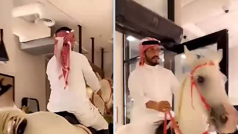 شاب يقتحم مقهى بحصانه احتفالاً باليوم الوطني .. فيديو