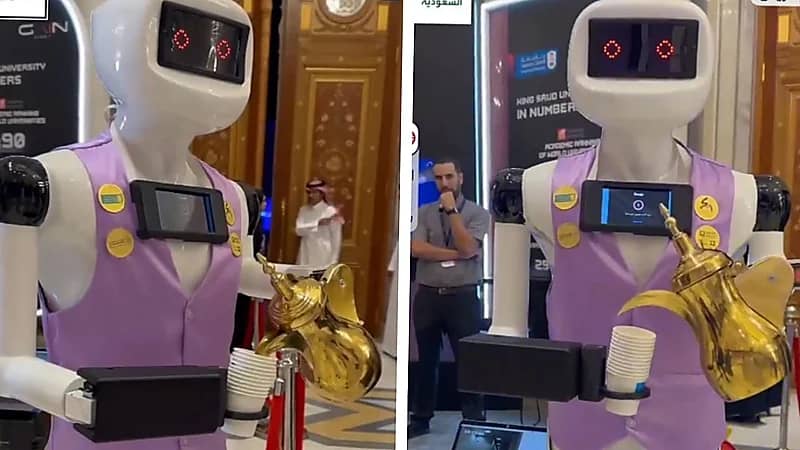 روبوت يقدم القهوة السعودية لزوار قمة الذكاء الاصطناعي ... فيديو