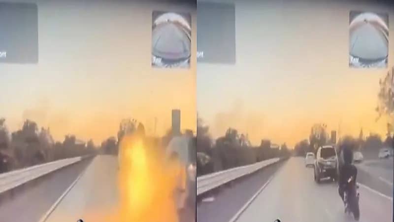 نجاة راكب دراجة نارية بأعجوبة بعد اشتعال النيران بها.. فيديو