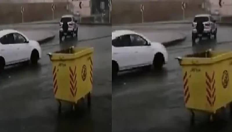 بالفيديو.. حاوية نفايات تقطع طريق في الرياض