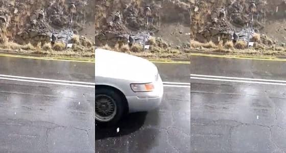 بالفيديو.. حبات البرد تتلألأ بين المركبات في شوارع الطائف