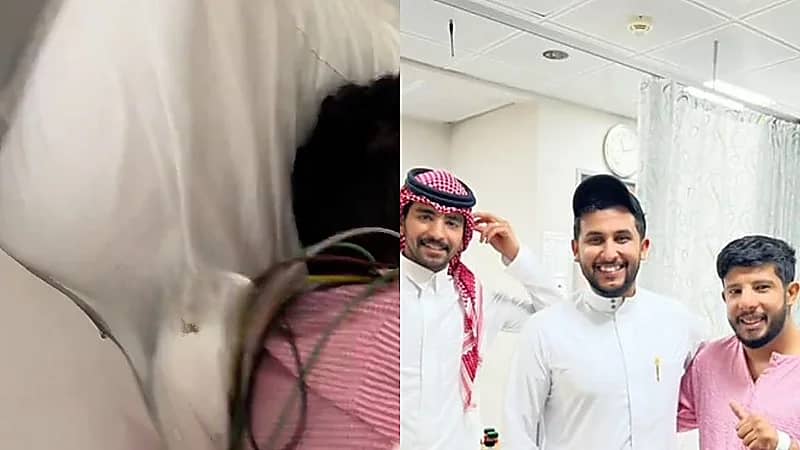 نايف حمدان يزور مريض بأحد المستشفيات ويهديه خوذة الجنود .. فيديو