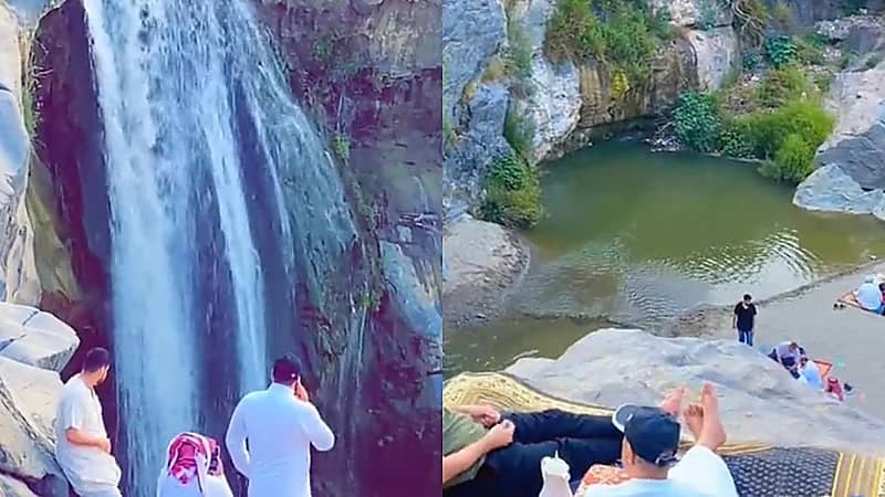 فتاة توثق رحلتها لأجمل الأماكن في الباحة وتنبهر بشلال المرزوق .. فيديو