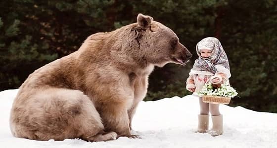 بالصور.. دب ضخم يشارك طفلة صغيرة جلسة تصوير رائعة