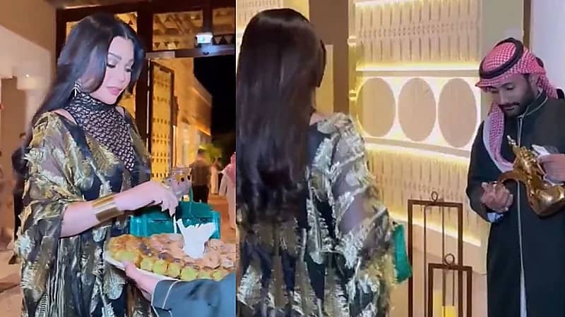 هيفاء وهبي بالعباءة وتحتسي القهوة العربية في الدرعية .. فيديو