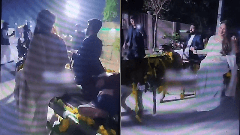 عربة بحمار تزف عروسين في حفل زواجهما(فيديو)